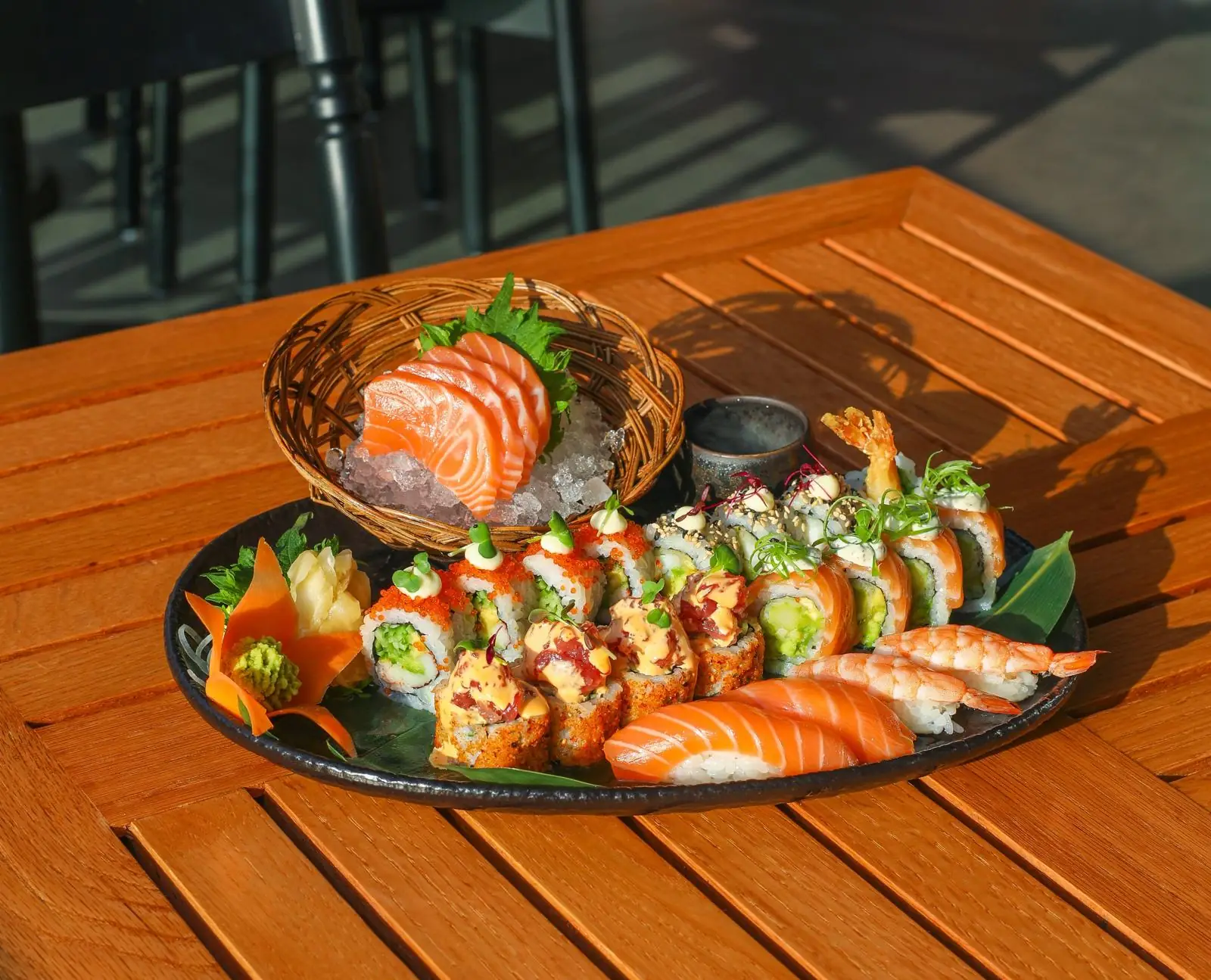 A sushi and sashimi platter on the terrace